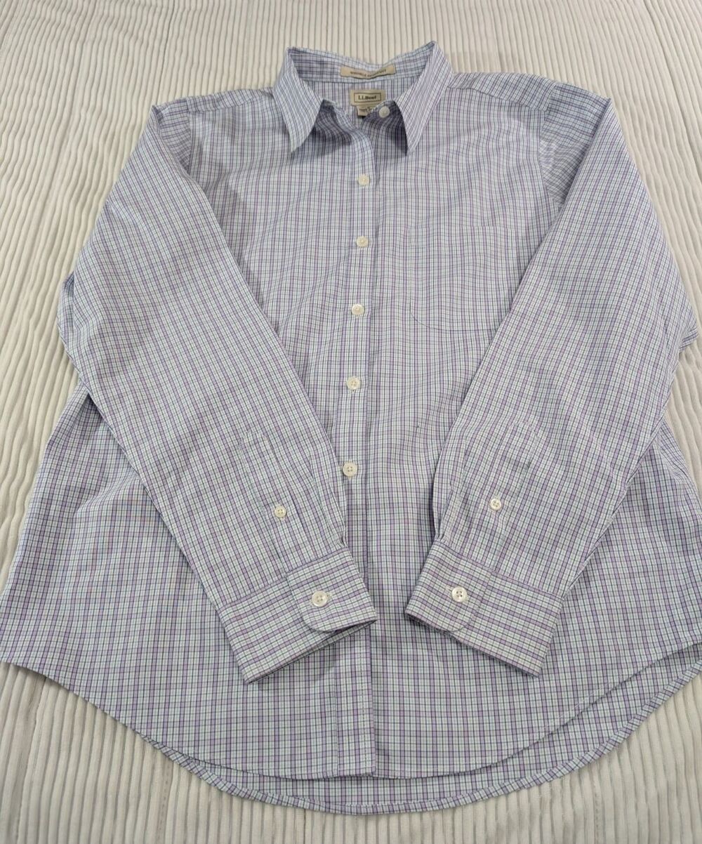 LL Bean Shirt Men’s M Purple Plaid Wrinkle Resistant Button Up Long Sleeve - Picture 4 of 8
